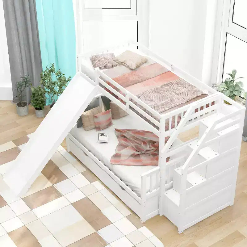 Letto a castello Whisen Twin over Full con cassetti, contenitore e scivolo, multifunzione