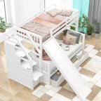 Letto a castello Whisen Twin over Full con cassetti, contenitore e scivolo, multifunzione