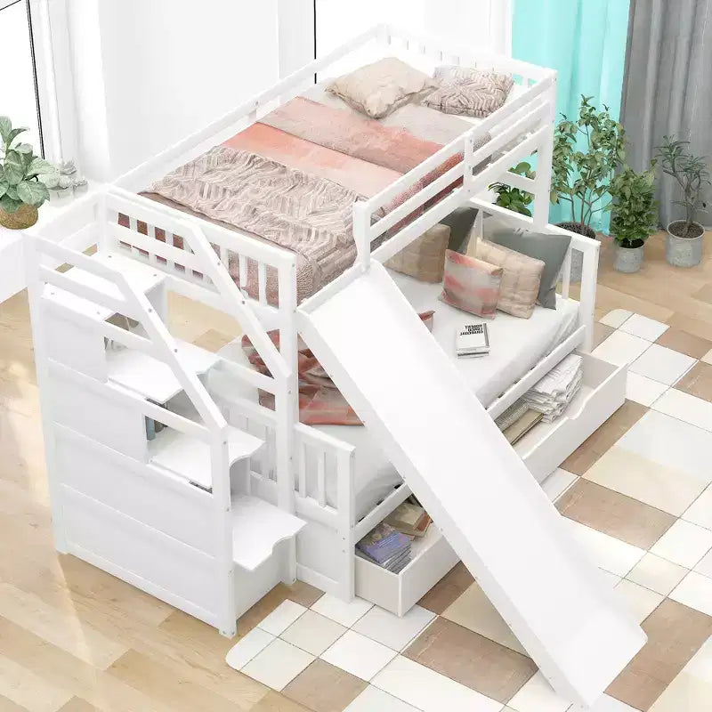 Letto a castello Whisen Twin over Full con cassetti, contenitore e scivolo, multifunzione