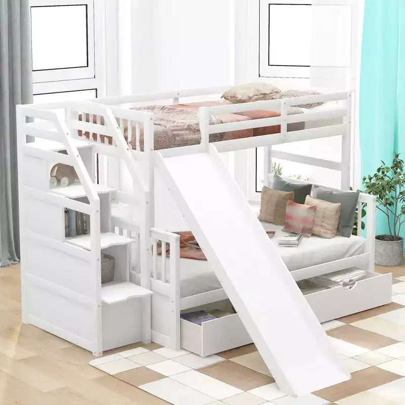 Letto a castello Whisen Twin over Full con cassetti, contenitore e scivolo, multifunzione