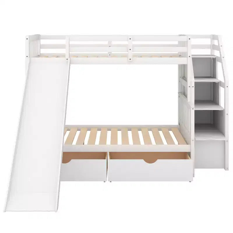 Letto a castello Whisen Twin over Full con cassetti, contenitore e scivolo, multifunzione