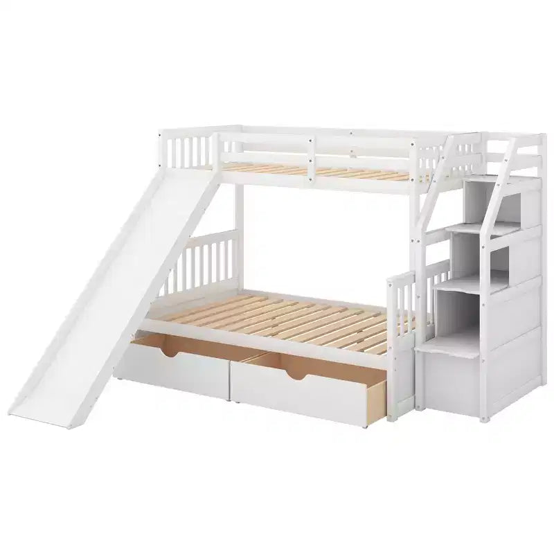 Letto a castello Whisen Twin over Full con cassetti, contenitore e scivolo, multifunzione
