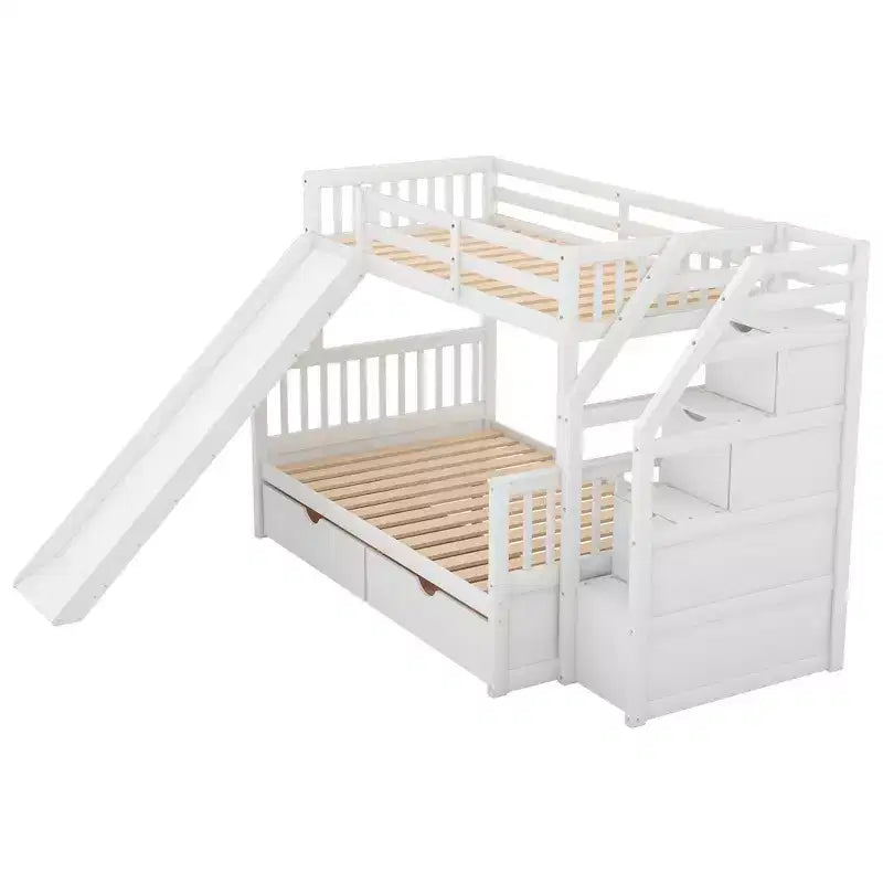 Letto a castello Whisen Twin over Full con cassetti, contenitore e scivolo, multifunzione