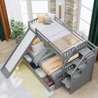 Letto a castello Whisen Twin over Full con cassetti, contenitore e scivolo, multifunzione