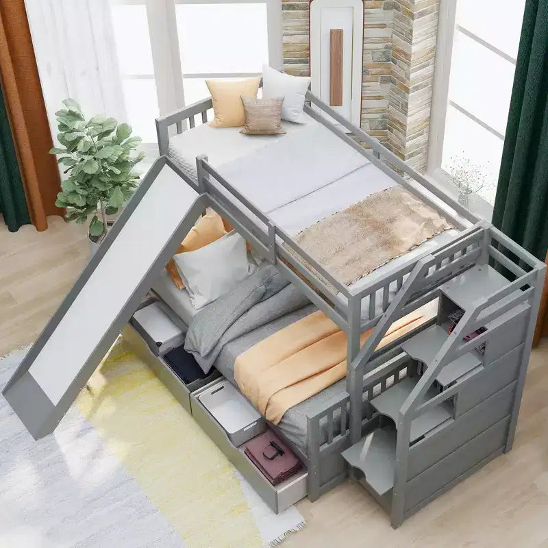 Letto a castello Whisen Twin over Full con cassetti, contenitore e scivolo, multifunzione
