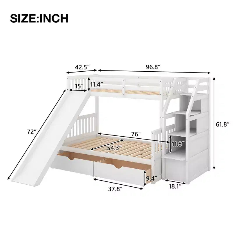 Letto a castello Whisen Twin over Full con cassetti, contenitore e scivolo, multifunzione