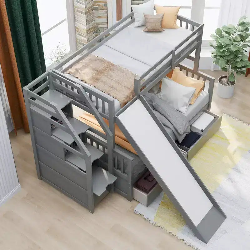 Letto a castello Whisen Twin over Full con cassetti, contenitore e scivolo, multifunzione