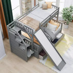 Letto a castello Whisen Twin over Full con cassetti, contenitore e scivolo, multifunzione