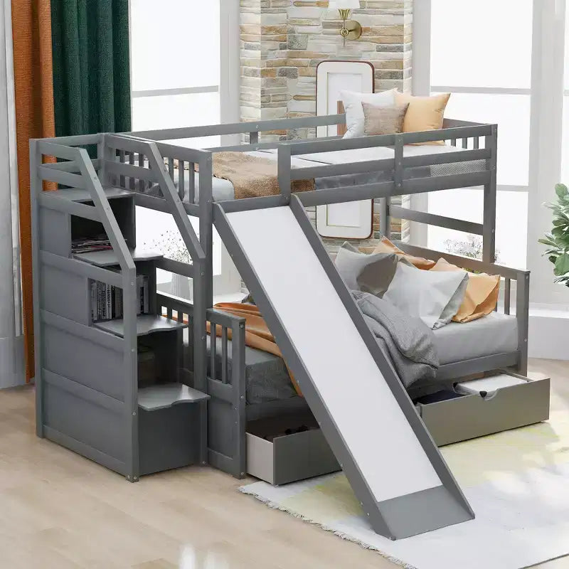 Letto a castello Whisen Twin over Full con cassetti, contenitore e scivolo, multifunzione