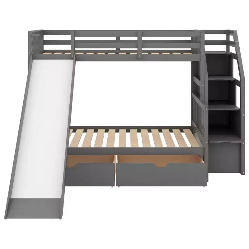 Letto a castello Whisen Twin over Full con cassetti, contenitore e scivolo, multifunzione