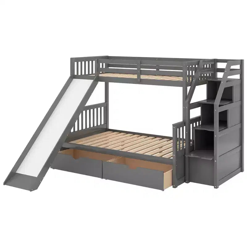 Letto a castello Whisen Twin over Full con cassetti, contenitore e scivolo, multifunzione