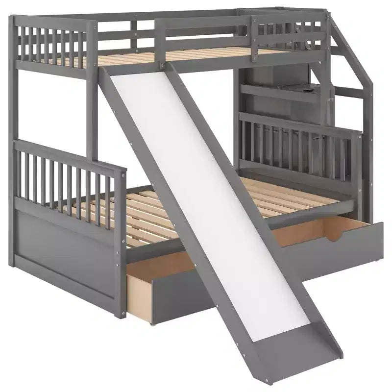 Letto a castello Whisen Twin over Full con cassetti, contenitore e scivolo, multifunzione