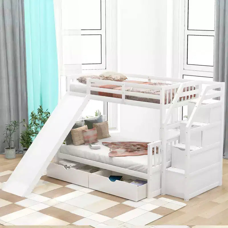 Letto a castello Whisen Twin over Full con cassetti, contenitore e scivolo, multifunzione