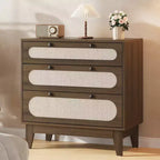 Comodino in legno WhizMax a 3 cassetti, comodino in rattan