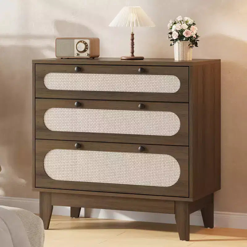 Comodino in legno WhizMax a 3 cassetti, comodino in rattan