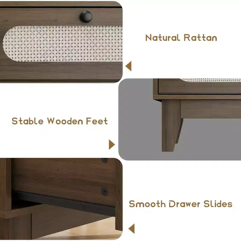 Comodino in legno WhizMax a 3 cassetti, comodino in rattan