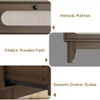 Comodino in legno WhizMax a 3 cassetti, comodino in rattan