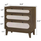 Comodino in legno WhizMax a 3 cassetti, comodino in rattan