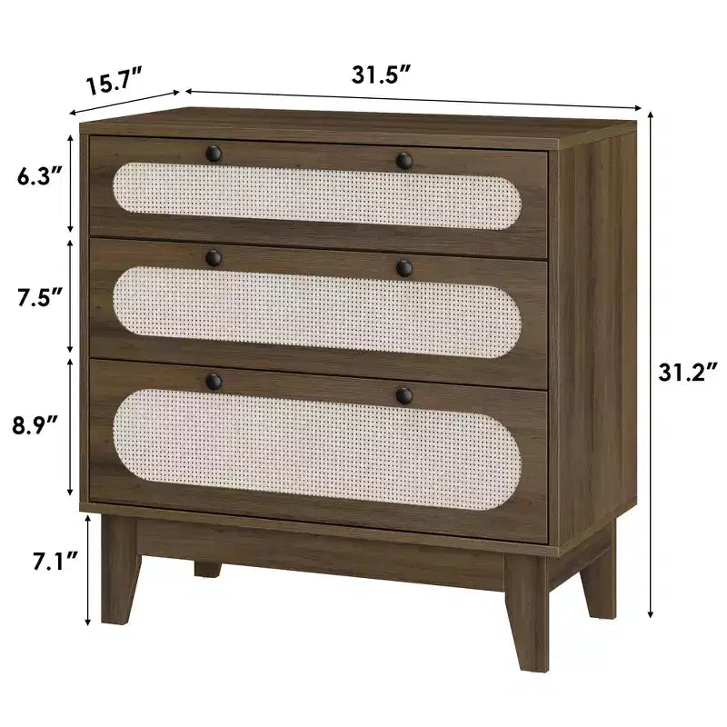Comodino in legno WhizMax a 3 cassetti, comodino in rattan