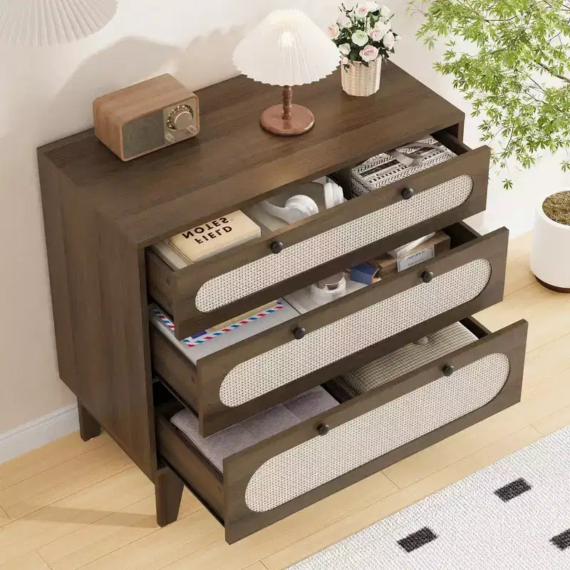 Comodino in legno WhizMax a 3 cassetti, comodino in rattan