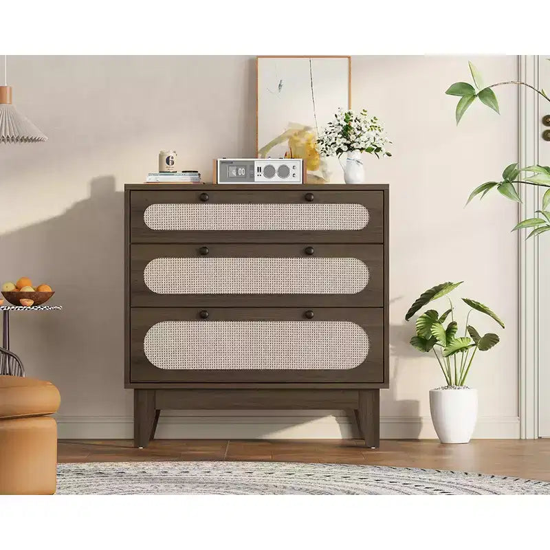 Comodino in legno WhizMax a 3 cassetti, comodino in rattan