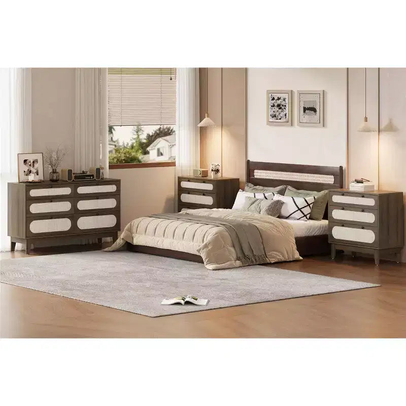 Comodino in legno WhizMax a 3 cassetti, comodino in rattan