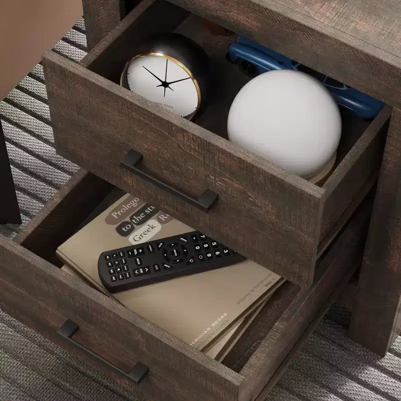 Comodino Famapy con due cassetti, finitura legno, mobile contenitore verticale, tavolino da notte