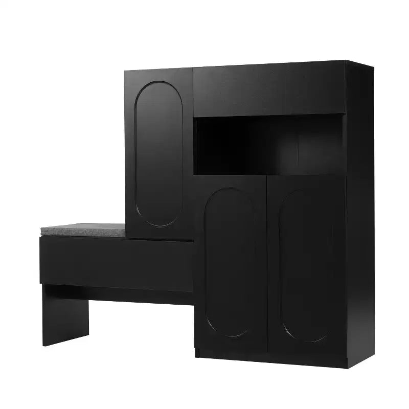 Panca portaoggetti 51W, scarpiera con cuscino, ripiani regolabili, ante ad arco e dispositivi di rimbalzo, bianco/nero - ModernL
