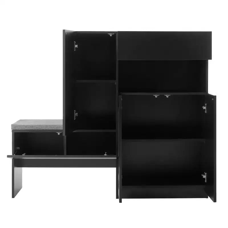 Panca portaoggetti 51W, scarpiera con cuscino, ripiani regolabili, ante ad arco e dispositivi di rimbalzo, bianco/nero - ModernL