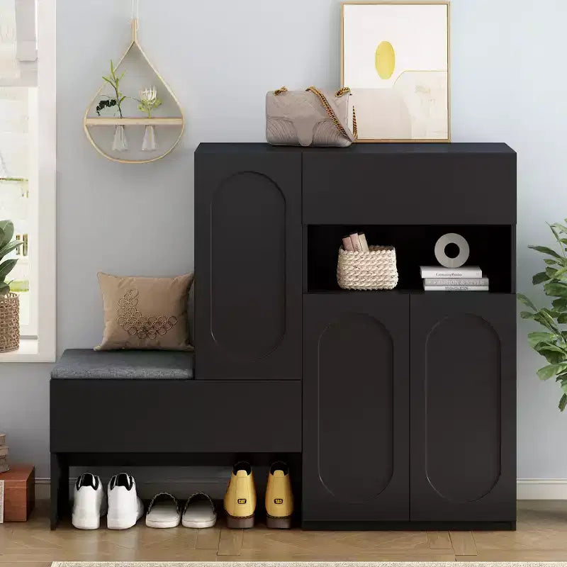 Panca portaoggetti 51W, scarpiera con cuscino, ripiani regolabili, ante ad arco e dispositivi di rimbalzo, bianco/nero - ModernL