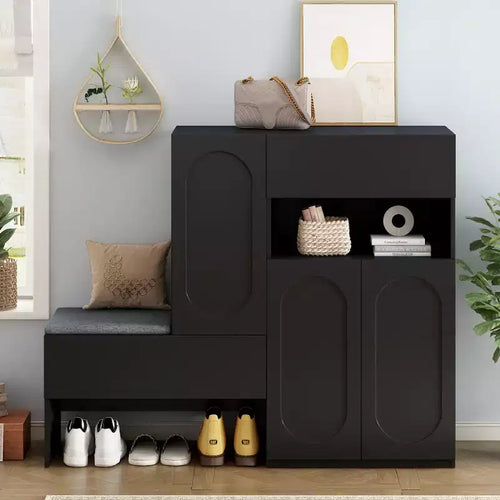 Panca portaoggetti 51W, scarpiera con cuscino, ripiani regolabili, ante ad arco e dispositivi di rimbalzo, bianco/nero - ModernL