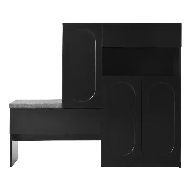 Panca portaoggetti 51W, scarpiera con cuscino, ripiani regolabili, ante ad arco e dispositivi di rimbalzo, bianco/nero - ModernL