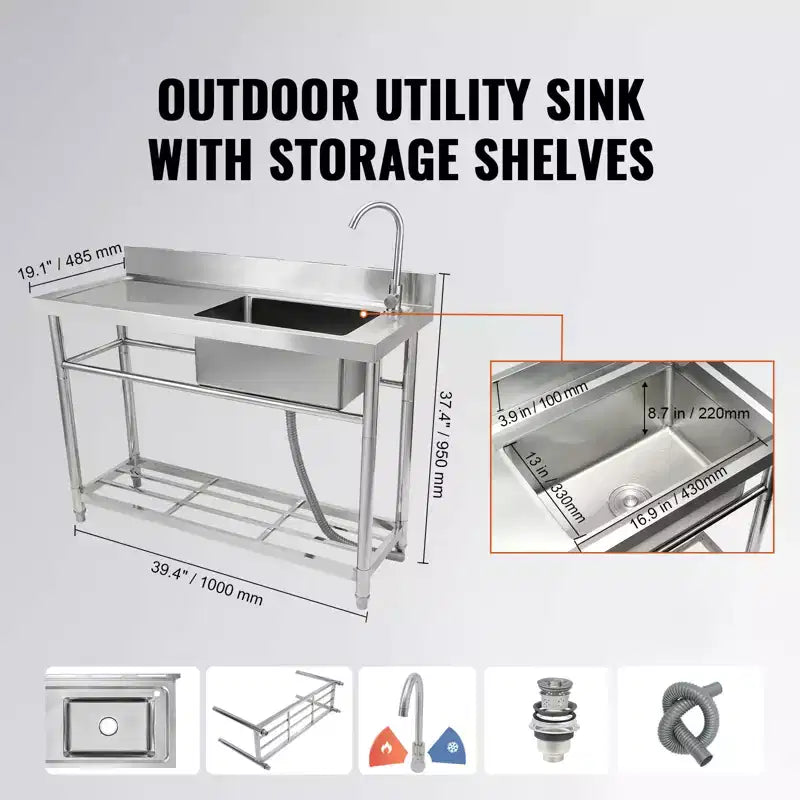 VEVOR Lavello Utility in Acciaio Inossidabile, Set Lavello da Cucina Commerciale a Vasca Singola Autoportante con Banco da Lavoro, per Garage, Ristorante, Lavanderia