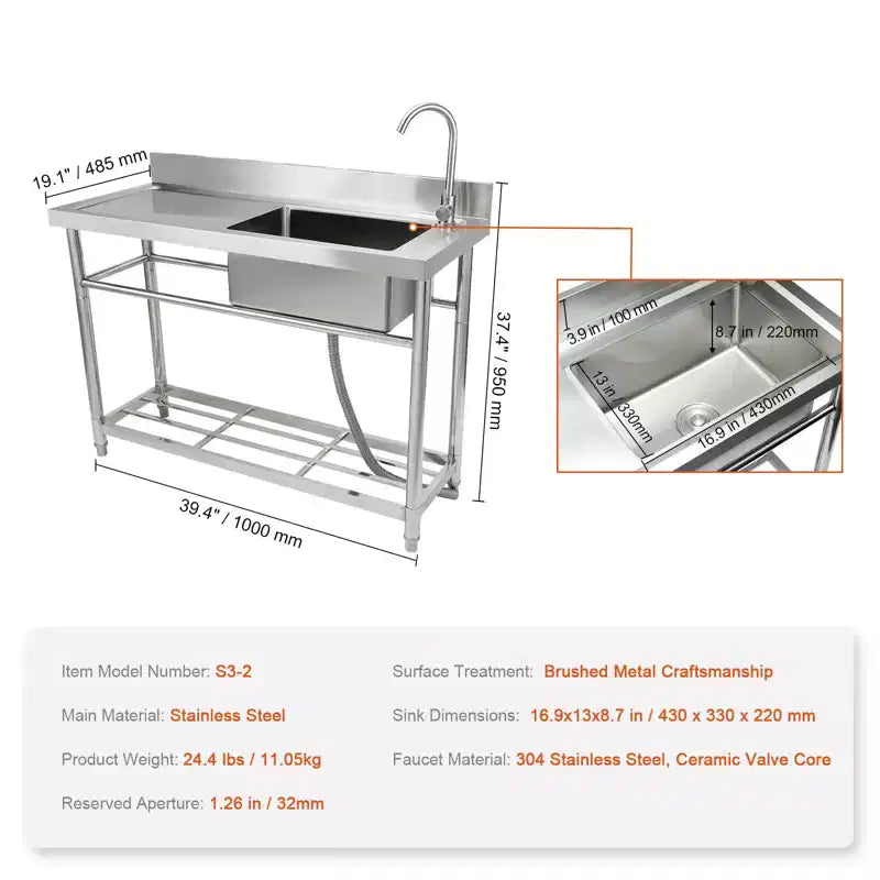VEVOR Lavello Utility in Acciaio Inossidabile, Set Lavello da Cucina Commerciale a Vasca Singola Autoportante con Banco da Lavoro, per Garage, Ristorante, Lavanderia