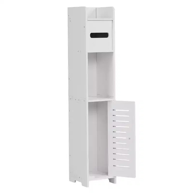 VECELO Mobiletto angolare da bagno, scaffale angolare impermeabile con portarotolo di carta igienica, organizer stretto salvaspazio, bianco