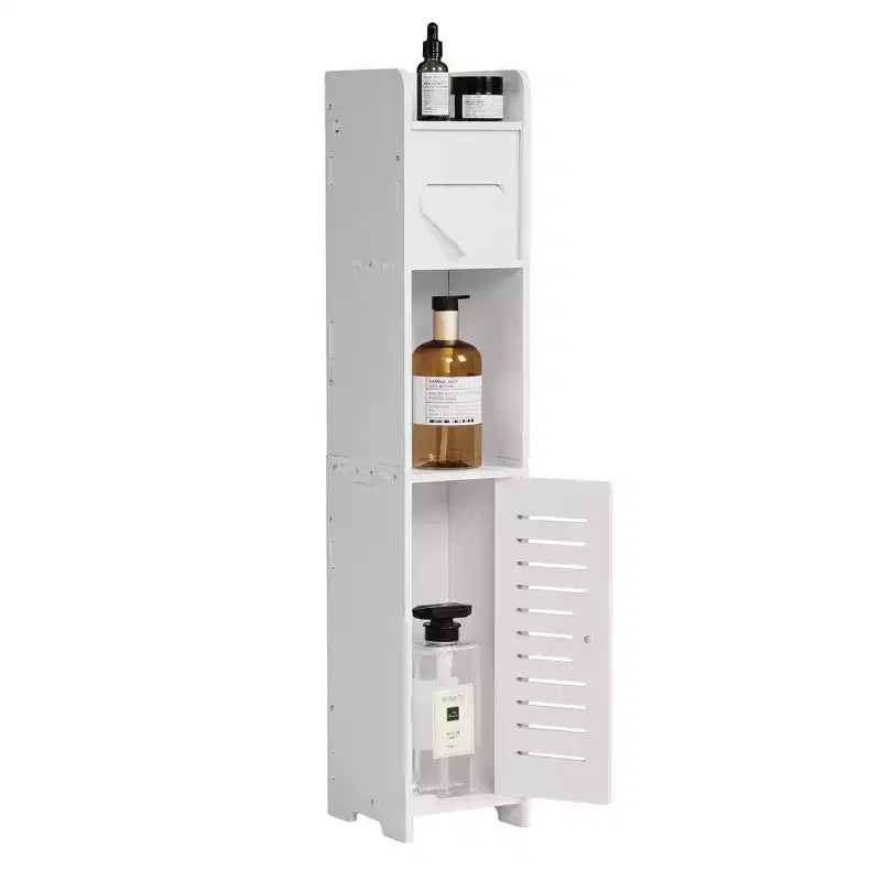 VECELO Mobiletto angolare da bagno, scaffale angolare impermeabile con portarotolo di carta igienica, organizer stretto salvaspazio, bianco