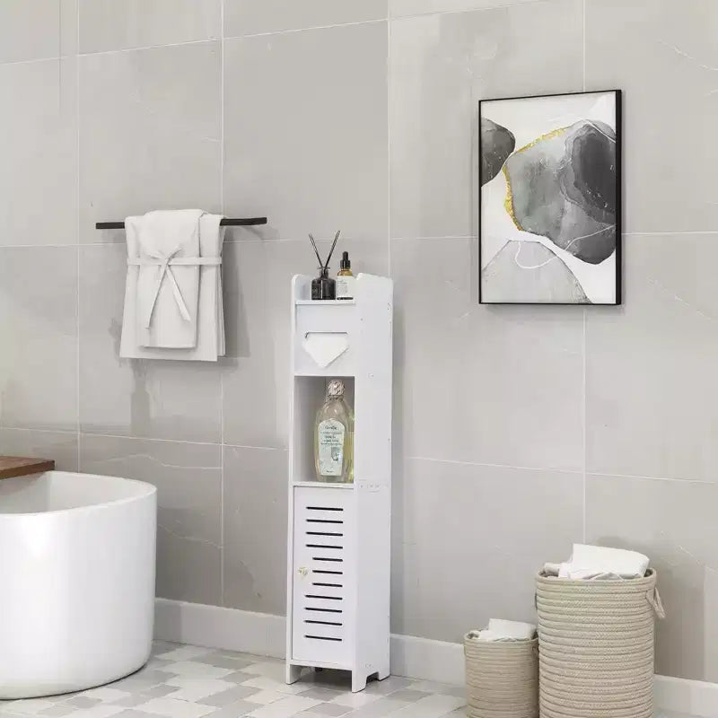 VECELO Mobiletto angolare da bagno, scaffale angolare impermeabile con portarotolo di carta igienica, organizer stretto salvaspazio, bianco