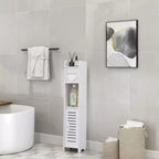 VECELO Mobiletto angolare da bagno, scaffale angolare impermeabile con portarotolo di carta igienica, organizer stretto salvaspazio, bianco