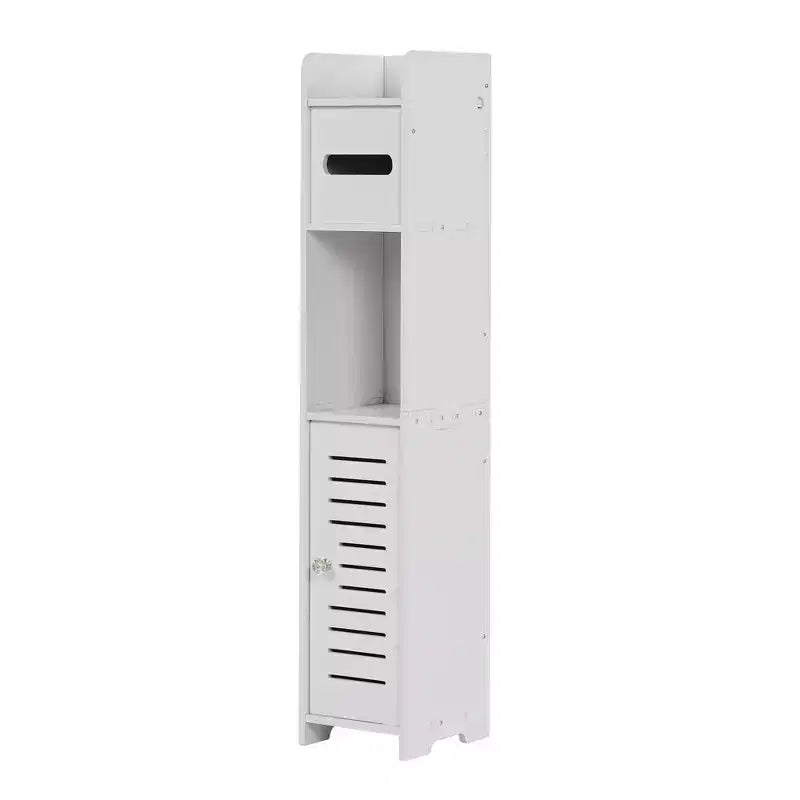 VECELO Mobiletto angolare da bagno, scaffale angolare impermeabile con portarotolo di carta igienica, organizer stretto salvaspazio, bianco