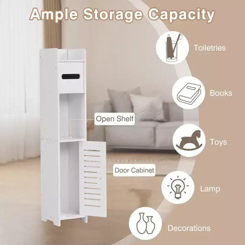 VECELO Mobiletto angolare da bagno, scaffale angolare impermeabile con portarotolo di carta igienica, organizer stretto salvaspazio, bianco