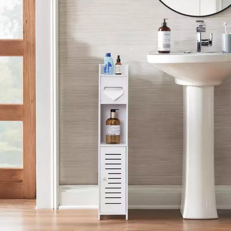 VECELO Mobiletto angolare da bagno, scaffale angolare impermeabile con portarotolo di carta igienica, organizer stretto salvaspazio, bianco