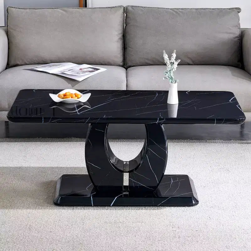 Tavolino da caffè/centrotavola 43W, motivo marmo/venatura legno, minimalista, bianco/nero/noce-ModernLuxe