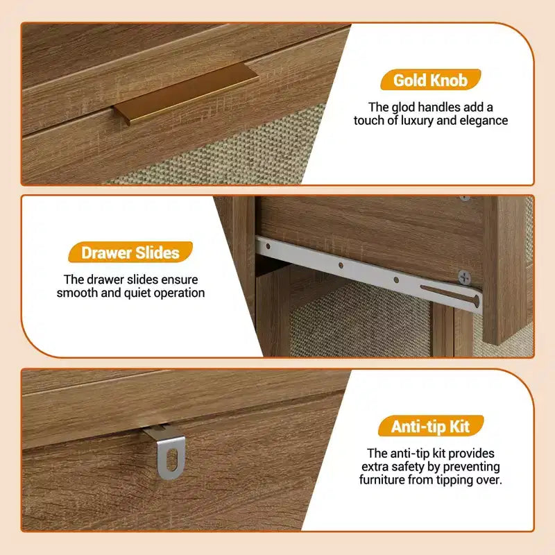 Scarpiera, Mobile Contenitore in Legno con Ante e Cassetto, Credenza Rattan con Ripiano Regolabile