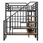 Letto a soppalco in metallo full-size con scala, tavolino contenitore e mensole, nero