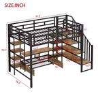 Letto a soppalco in metallo full-size con scala, tavolino contenitore e mensole, nero