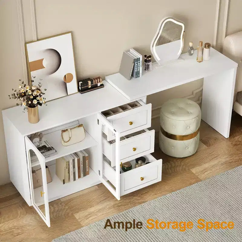 Heynemo Toeletta, mobile angolare estendibile con 3 cassetti e 2 ante, moderna toeletta per camera da letto