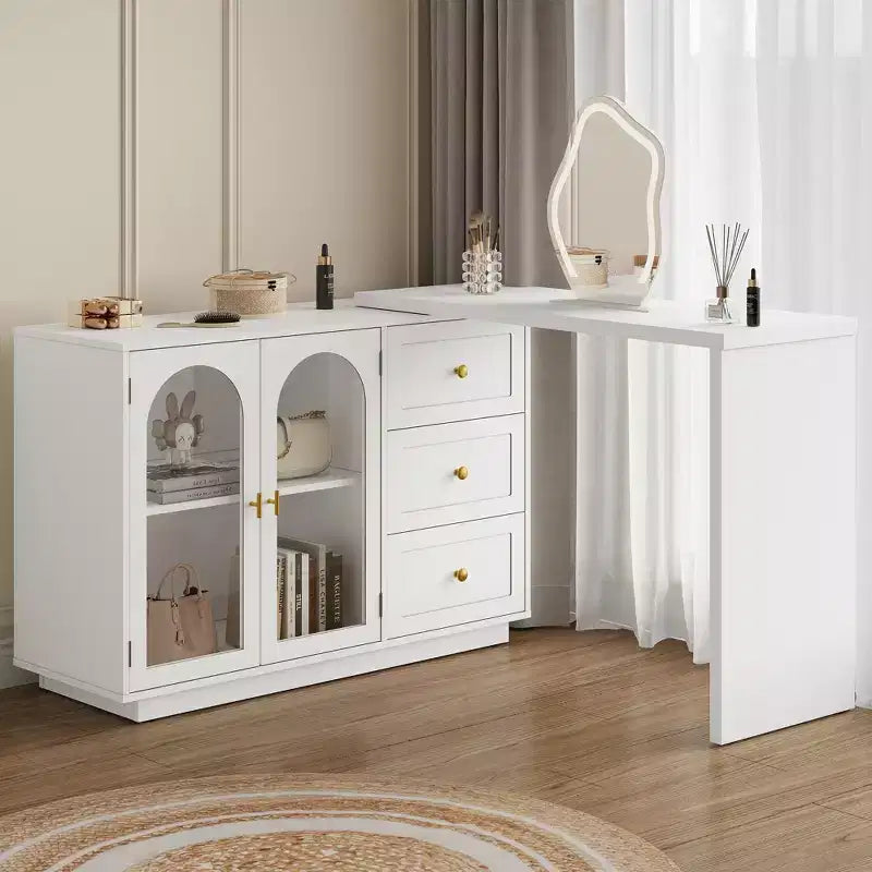 Heynemo Toeletta, mobile angolare estendibile con 3 cassetti e 2 ante, moderna toeletta per camera da letto