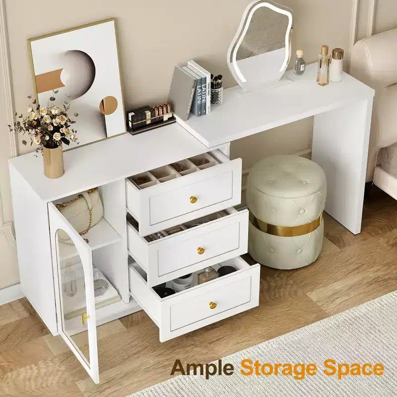 Heynemo Toeletta, mobile angolare estendibile con 3 cassetti e 2 ante, moderna toeletta per camera da letto