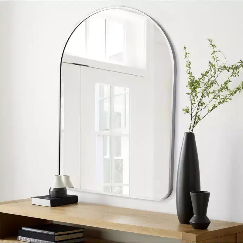 Specchio ad Arco con Bordo Sottile in Alluminio Argento - Angoli Arrotondati 91x61x4cm