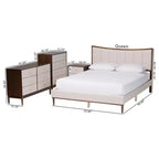 Set da 4 pezzi camera da letto queen Baxton Studio Nikolai in tessuto beige trapuntato con canali e legno wengé marrone, stile metà secolo